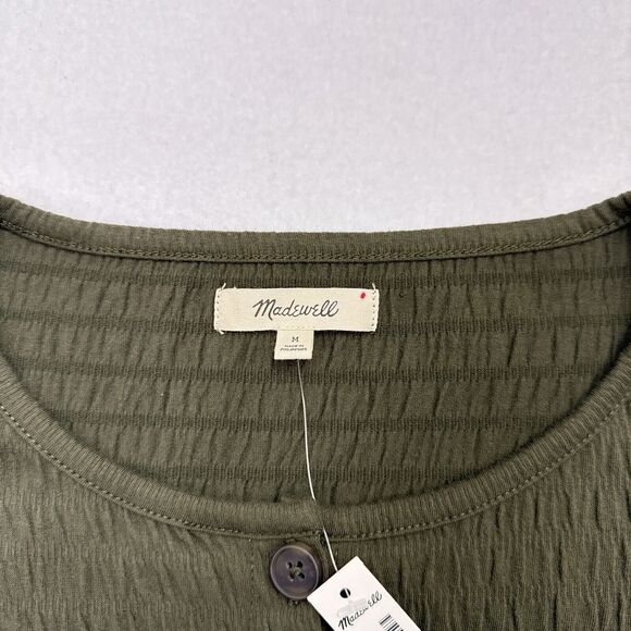 Madewell Mini Dress Medium Green Crinkle Knit Tiered Puff Sleeves Buttons NEW‎ - Picture 6 of 10